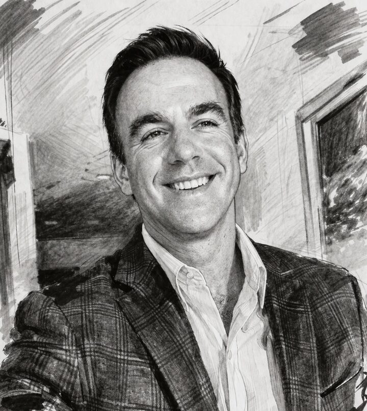 Hand-drawn portrait of Ross Blankenship, founder of ChargingNear.me and Recharged+ America